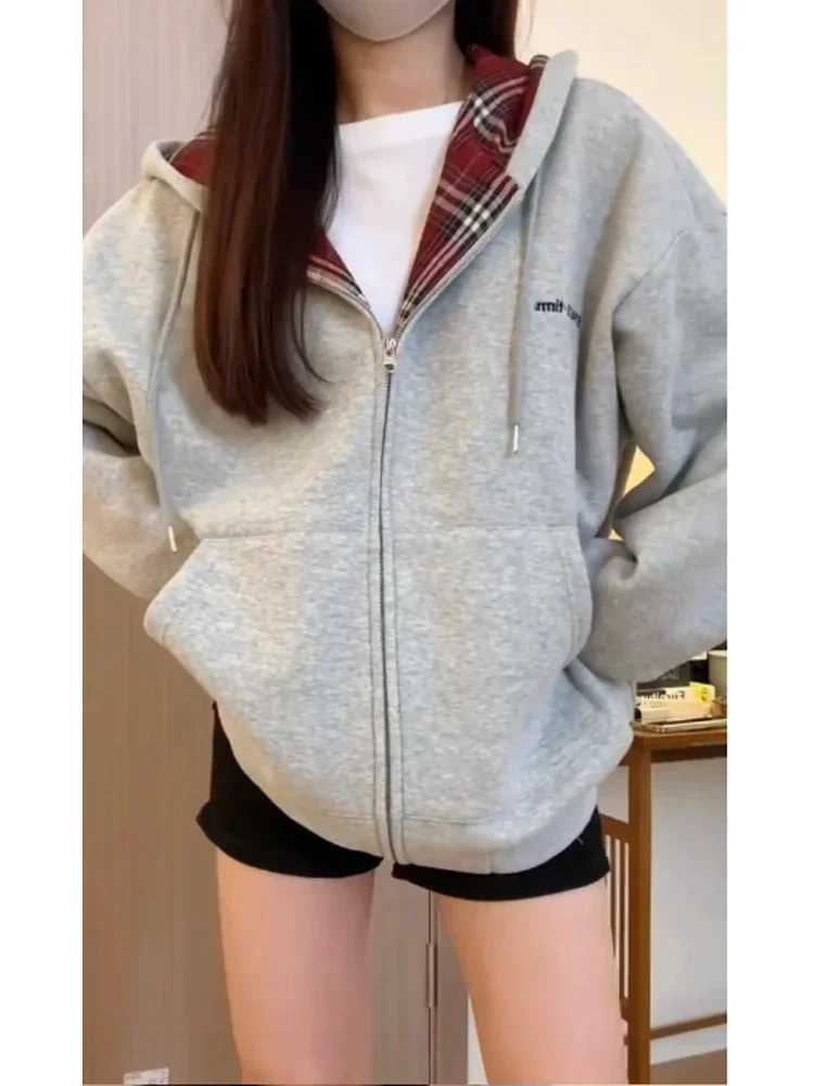 Vintage Zip Hoodie - Harajuku-sudaderas con capucha a cuadros rojos